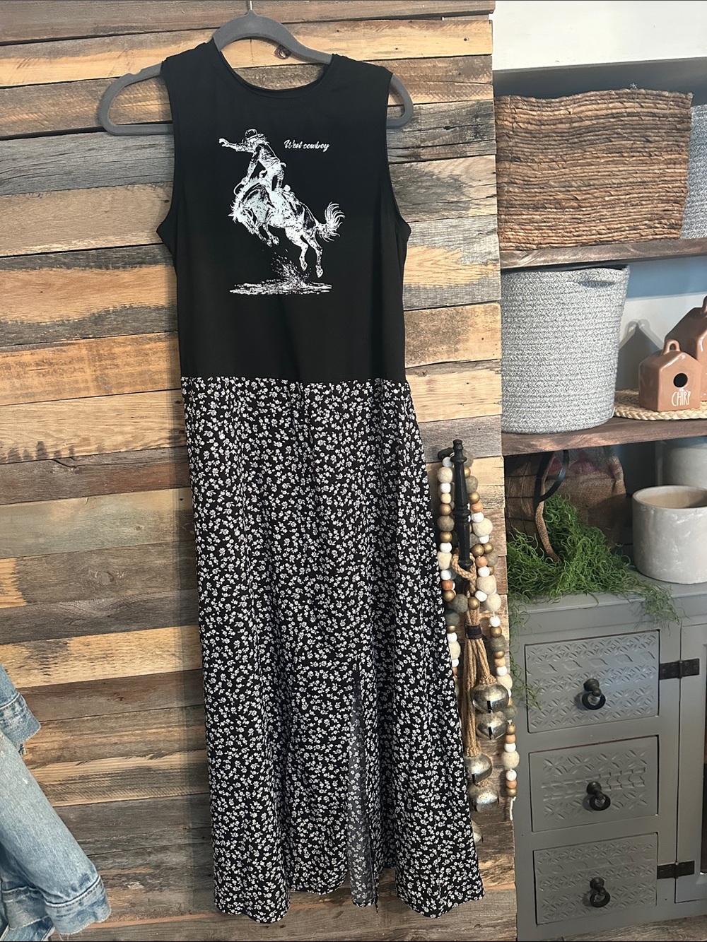 Black Rodeo Graphic Sleeveless Maxi Dress with Floral Skirt upcycle